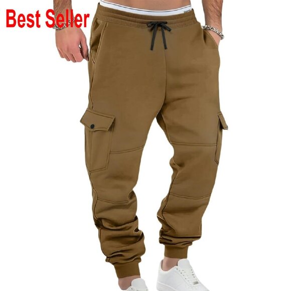 Men's Cargo Sweatpants Fleece Lined Joggers Drawstring Multi Pocket Active